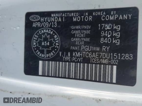 2013 Hyundai Veloster Turbo с VIN KMHTC6AE7DU151283, выставлен на аукционе Copart как лот 48415415 с пробегом Не указан миль и На запчасти • Non repairable. История ставок и продаж доступна на DreamBid. Изображение 13.