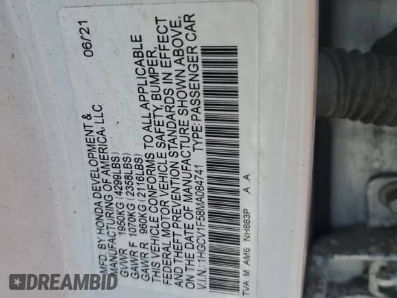 2021 Honda Accord EX-L z VIN 1HGCV1F58MA084741, wystawiony jako Copart lot #66150135 z przebiegiem Nie podano mil oraz Szkoda całkowita • Salvage title. Historia ofert i sprzedaży dostępna na DreamBid. Obrazek 12.