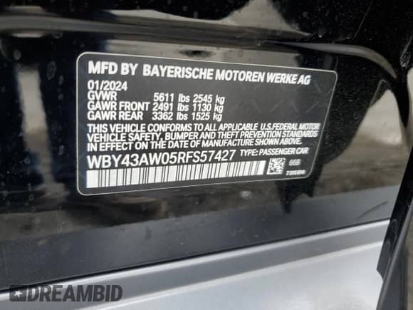 2024 BMW i4 eDrive35 with VIN WBY43AW05RFS57427, listed as a Copart auction lot 65464855 with 7,096 mi miles and Salvage title. Bid and sale history available at DreamBid. Image 12.