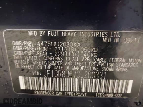 2012 Subaru WRX WRX STI с VIN JF1GR8H67CL200331, выставлен на аукционе IAAI как лот 41701567 с пробегом 115 758 миль миль и . История ставок и продаж доступна на DreamBid. Изображение 9.