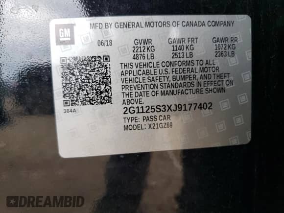 2018 Chevrolet Impala Premier с VIN 2G1125S3XJ9177402, выставлен на аукционе Copart как лот 66394995 с пробегом 82 571 миль миль и Списание • Salvage title. История ставок и продаж доступна на DreamBid. Изображение 12.