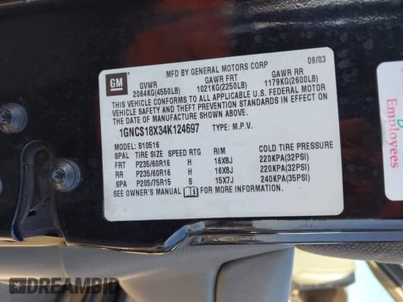 2004 Chevrolet Blazer LS with VIN 1GNCS18X34K124697, listed as a IAAI auction lot 43276720 with 192,964 mi miles and . Bid and sale history available at DreamBid. Image 9.