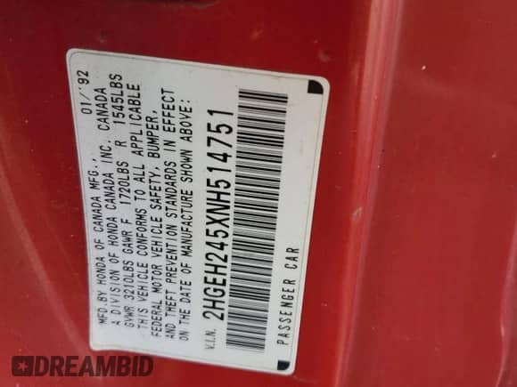 1992 Honda Civic z VIN 2HGEH245XNH514751, wystawiony jako Copart lot #74972764 z przebiegiem 229 482 mil mil oraz Czysty tytuł • Clean title. Historia ofert i sprzedaży dostępna na DreamBid. Obrazek 12.
