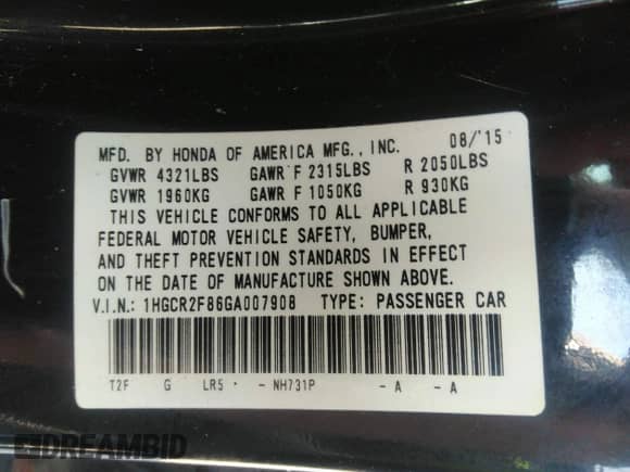 2016 Honda Accord EX-L with VIN 1HGCR2F86GA007908, listed as a IAAI auction lot 42906320 with 151,777 mi miles and . Bid and sale history available at DreamBid. Image 9.