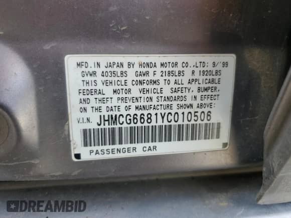 2000 Honda Accord EX with VIN JHMCG6681YC010506, listed as a Copart auction lot 72081805 with 201,896 mi miles and Salvage title. Bid and sale history available at DreamBid. Image 13.