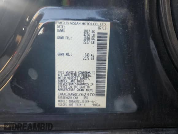 2016 Nissan Altima SL с VIN 1N4AL3AP8GC262470, выставлен на аукционе Copart как лот 85712295 с пробегом 105 132 миль миль и Списание • Salvage title. История ставок и продаж доступна на DreamBid. Изображение 12.