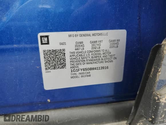 2021 Chevrolet Bolt EV LT with VIN 1G1FY6S08M4113916, listed as a Copart auction lot 60825165 with 29,733 mi miles and Non repairable. Bid and sale history available at DreamBid. Image 12.