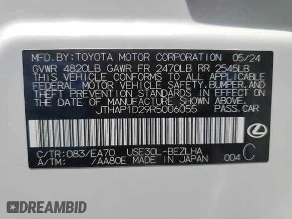 2024 Lexus IS 500 F Sport Performance z VIN JTHAP1D29R5006055, wystawiony jako Copart lot #66456854 z przebiegiem 1 341 mil mil oraz Szkoda całkowita • Salvage title. Historia ofert i sprzedaży dostępna na DreamBid. Obrazek 14.