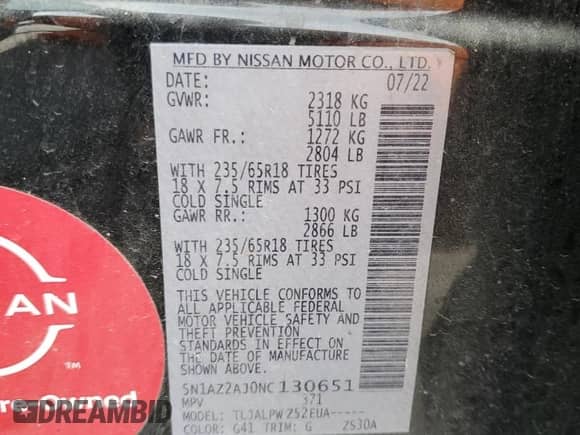 2022 Nissan Murano S with VIN 5N1AZ2AJ0NC130651, listed as a Copart auction lot 51352255 with 46,543 mi miles and Clean title. Bid and sale history available at DreamBid. Image 12.