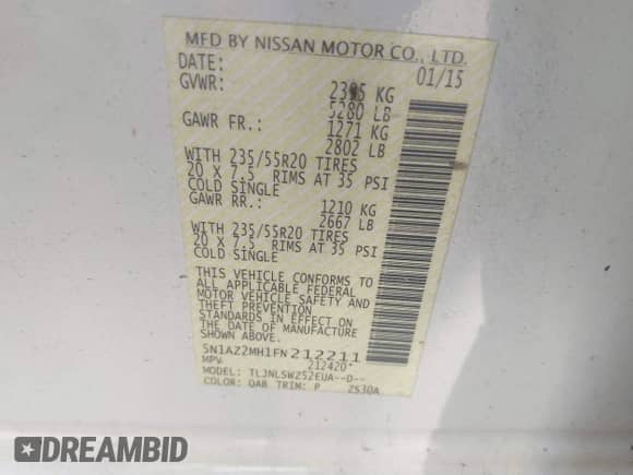 2015 Nissan Murano SL with VIN 5N1AZ2MH1FN212211, listed as a IAAI auction lot 42837780 with Not provided miles and . Bid and sale history available at DreamBid. Image 9.