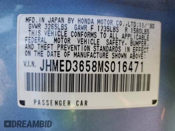 1991 Honda Civic z VIN JHMED3658MS016471, wystawiony jako Copart lot #78735414 z przebiegiem 213 918 mil mil oraz Szkoda całkowita • Salvage title. Historia ofert i sprzedaży dostępna na DreamBid. Obrazek 14.