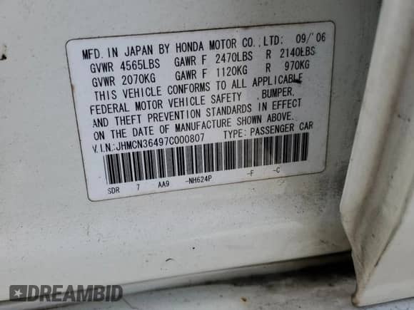 2007 Honda Accord with VIN JHMCN36497C000807, listed as a Copart auction lot 70427545 with 197,439 mi miles and Salvage title. Bid and sale history available at DreamBid. Image 12.