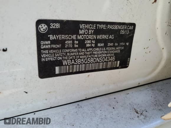 2013 BMW 3 Series 328i xDrive с VIN WBA3B5G58DNS04346, выставлен на аукционе Copart как лот 77405664 с пробегом Не указан миль и На запчасти • Non repairable. История ставок и продаж доступна на DreamBid. Изображение 12.