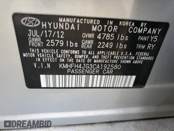 2012 Hyundai Azera с VIN KMHFH4JG3CA192580, выставлен на аукционе Copart как лот 82609194 с пробегом 127 887 миль миль и Списание • Salvage title. История ставок и продаж доступна на DreamBid. Изображение 13.