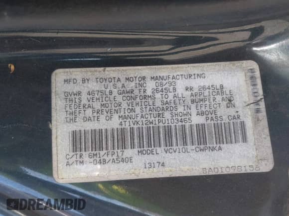 1993 Toyota Camry с VIN 4T1VK12W1PU103465, выставлен на аукционе IAAI как лот 43450714 с пробегом 385 276 миль миль и . История ставок и продаж доступна на DreamBid. Изображение 9.