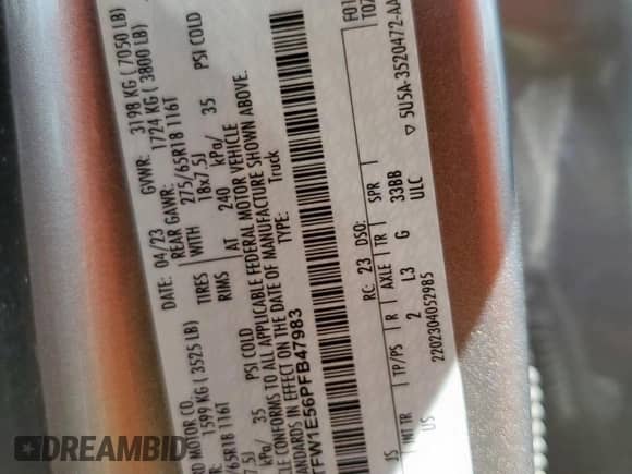 2023 Ford F-150 XL с VIN 1FTFW1E56PFB47983, выставлен на аукционе Copart как лот 72021055 с пробегом Не указан миль и Списание • Salvage title. История ставок и продаж доступна на DreamBid. Изображение 12.