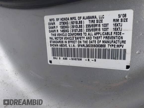 2008 Honda Odyssey LX с VIN 5FNRL38228B083868, выставлен на аукционе IAAI как лот 43320300 с пробегом 209 908 миль миль и . История ставок и продаж доступна на DreamBid. Изображение 9.