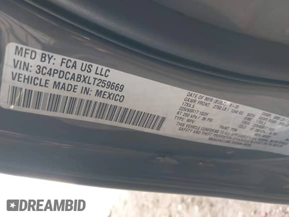 2020 Dodge Journey SE Value with VIN 3C4PDCABXLT259669, listed as a IAAI auction lot 42995598 with 98,957 mi miles and . Bid and sale history available at DreamBid. Image 9.