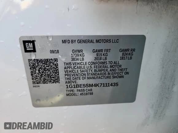 2019 Chevrolet Cruze LT с VIN 1G1BE5SM4K7111435, выставлен на аукционе Copart как лот 66938005 с пробегом 149 757 миль миль и Чистый • Clean title. История ставок и продаж доступна на DreamBid. Изображение 12.