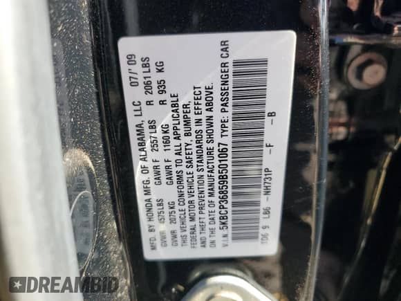 2009 Honda Accord EX-L with VIN 5KBCP36859B501067, listed as a Copart auction lot 80668554 with 159,910 mi miles and Salvage title. Bid and sale history available at DreamBid. Image 12.