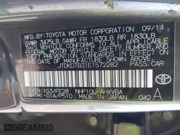 2014 Toyota Prius Two with VIN JTDKDTB31E1572282, listed as a IAAI auction lot 43371876 with 109,983 mi miles and . Bid and sale history available at DreamBid. Image 9.