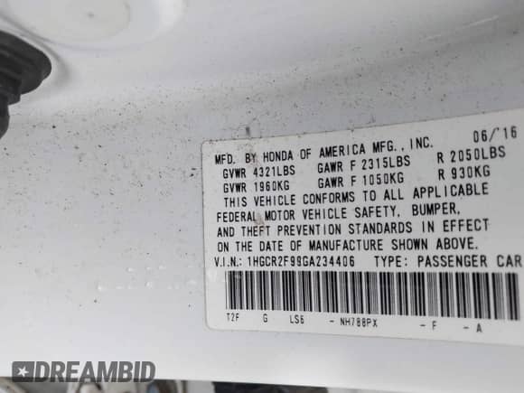 2016 Honda Accord EX-L with VIN 1HGCR2F99GA234406, listed as a IAAI auction lot 42969499 with 116,353 mi miles and . Bid and sale history available at DreamBid. Image 9.