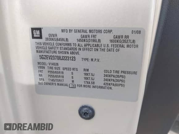 2008 Saturn Outlook XR with VIN 5GZEV23708J223123, listed as a IAAI auction lot 42344140 with 174,581 mi miles and . Bid and sale history available at DreamBid. Image 9.