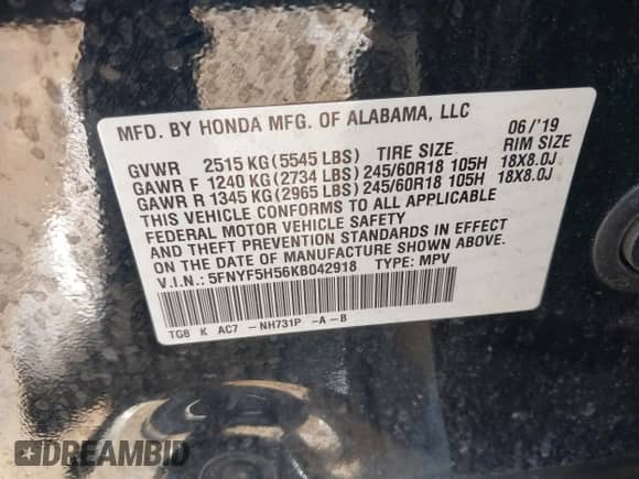 2019 Honda Pilot EX-L с VIN 5FNYF5H56KB042918, выставлен на аукционе IAAI как лот 42040516 с пробегом 113 433 миль миль и . История ставок и продаж доступна на DreamBid. Изображение 9.