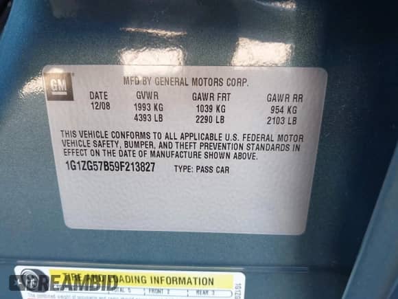 2009 Chevrolet Malibu 1LS with VIN 1G1ZG57B59F213827, listed as a IAAI auction lot 42852825 with 138,286 mi miles and . Bid and sale history available at DreamBid. Image 9.