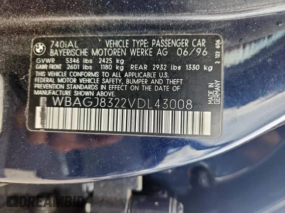 1997 BMW 7 Series 740iL with VIN WBAGJ8322VDL43008, listed as a Copart auction lot 66674325 with 118,401 mi miles and Salvage title. Bid and sale history available at DreamBid. Image 12.