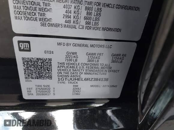 2024 GMC Sierra 1500 Denali Ultimate with VIN 1GTUUHEL6RZ384138, listed as a IAAI auction lot 43111543 with 27,138 mi miles and . Bid and sale history available at DreamBid. Image 9.