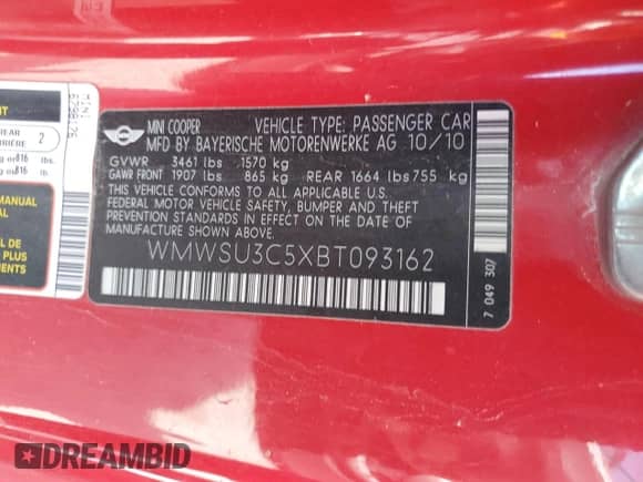 2011 MINI Hardtop with VIN WMWSU3C5XBT093162, listed as a Copart auction lot 54871315 with 171,220 mi miles and Salvage title. Bid and sale history available at DreamBid. Image 12.