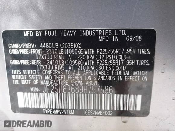 2009 Subaru Forester X with VIN JF2SH63689H757586, listed as a IAAI auction lot 42510970 with 173,434 mi miles and . Bid and sale history available at DreamBid. Image 9.