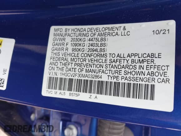 2021 Honda Accord Sport с VIN 1HGCV2F30MA032864, выставлен на аукционе IAAI как лот 42322593 с пробегом Не указан миль и . История ставок и продаж доступна на DreamBid. Изображение 9.