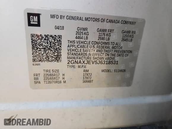 2018 Chevrolet Equinox LT с VIN 2GNAXJEV5J6318531, выставлен на аукционе Copart как лот 67303205 с пробегом 186 882 миль миль и На запчасти • Non repairable. История ставок и продаж доступна на DreamBid. Изображение 13.