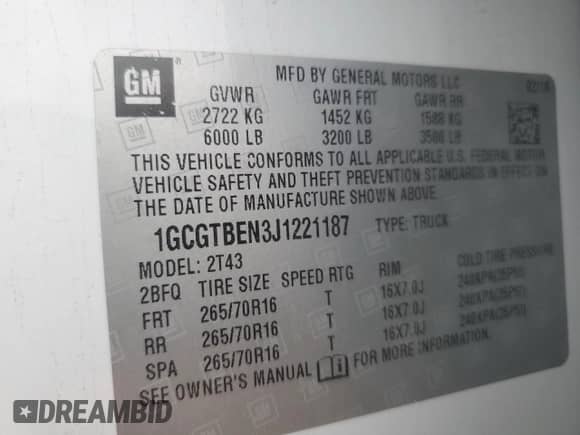 2018 Chevrolet Colorado 4WD Work Truck z VIN 1GCGTBEN3J1221187, wystawiony jako Copart lot #81585775 z przebiegiem 98 322 mil mil oraz Szkoda całkowita • Salvage title. Historia ofert i sprzedaży dostępna na DreamBid. Obrazek 12.