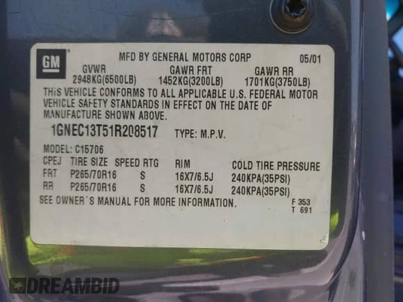 2001 Chevrolet Tahoe LS with VIN 1GNEC13T51R208517, listed as a IAAI auction lot 42643634 with 193,775 mi miles and . Bid and sale history available at DreamBid. Image 9.