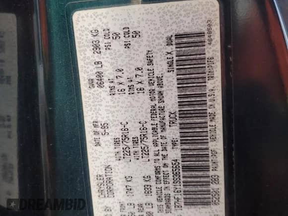 1995 Dodge 1500 with VIN 1B7HF16Y1SS365654, listed as a Copart auction lot 86808484 with 224,141 mi miles and Non repairable. Bid and sale history available at DreamBid. Image 13.