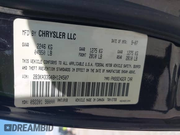 2008 Dodge Charger SXT with VIN 2B3KA33G48H124507, listed as a IAAI auction lot 42916849 with 129,100 mi miles and . Bid and sale history available at DreamBid. Image 9.