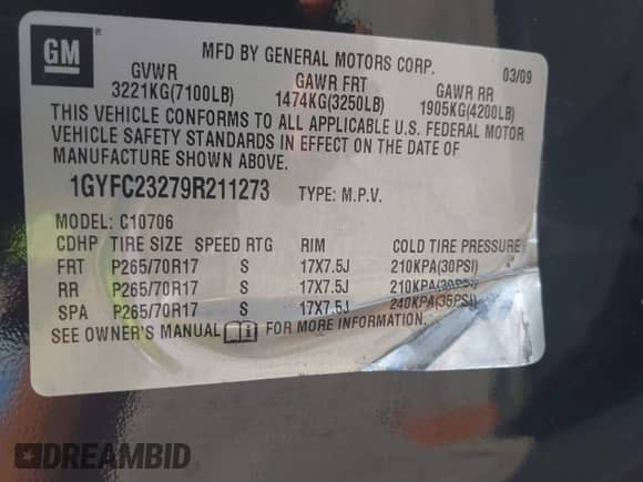 2009 Cadillac Escalade with VIN 1GYFC23279R211273, listed as a IAAI auction lot 43311405 with 253,555 mi miles and . Bid and sale history available at DreamBid. Image 9.