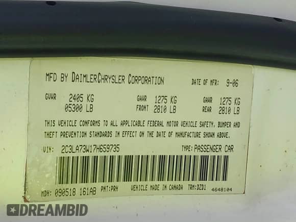 2007 Chrysler 300 C SRT-8 with VIN 2C3LA73W17H659735, listed as a IAAI auction lot 41688198 with 132,785 mi miles and . Bid and sale history available at DreamBid. Image 9.