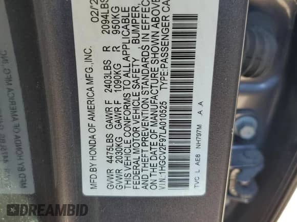 2020 Honda Accord Touring with VIN 1HGCV2F97LA010525, listed as a Copart auction lot 46456875 with 61,187 mi miles and Salvage title. Bid and sale history available at DreamBid. Image 12.