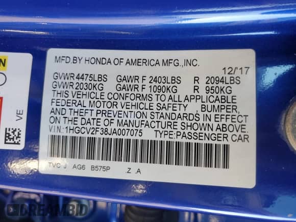 2018 Honda Accord Sport with VIN 1HGCV2F38JA007075, listed as a Copart auction lot 85898075 with 129,034 mi miles and Salvage title. Bid and sale history available at DreamBid. Image 13.