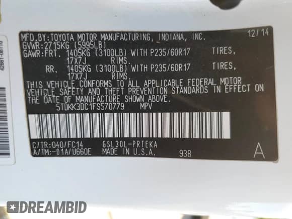 2015 Toyota Sienna LE AAS with VIN 5TDKK3DC1FS570779, listed as a Copart auction lot 70594095 with 170,193 mi miles and Salvage title. Bid and sale history available at DreamBid. Image 14.