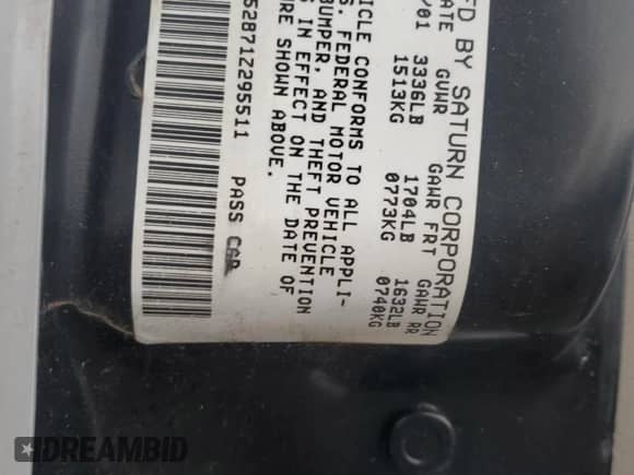 2001 Saturn SL with VIN 1G8ZH52871Z295511, listed as a Copart auction lot 43020175 with 87,008 mi miles and Salvage title. Bid and sale history available at DreamBid. Image 12.