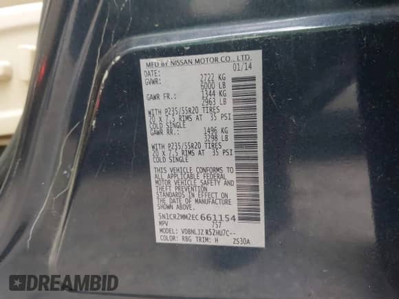 2014 Nissan Pathfinder Platinum Hybrid with VIN 5N1CR2MM2EC661154, listed as a IAAI auction lot 42629726 with 166,864 mi miles and . Bid and sale history available at DreamBid. Image 9.