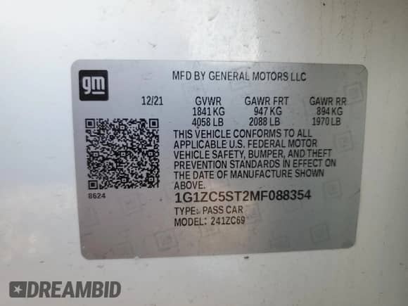 2021 Chevrolet Malibu LS with VIN 1G1ZC5ST2MF088354, listed as a Copart auction lot 54833745 with 70,945 mi miles and Salvage title. Bid and sale history available at DreamBid. Image 12.