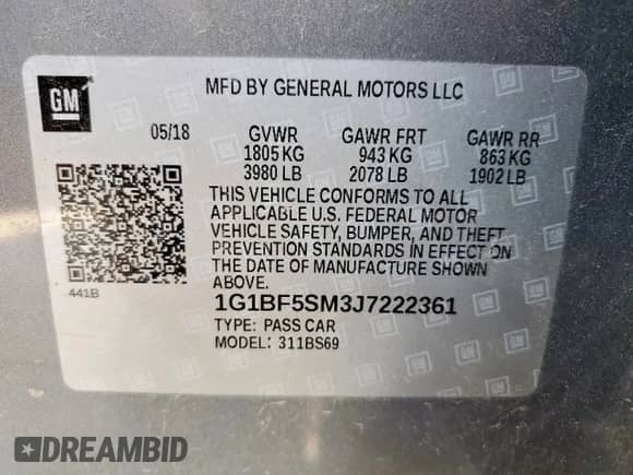 2018 Chevrolet Cruze Premier with VIN 1G1BF5SM3J7222361, listed as a Copart auction lot 69015925 with 49,990 mi miles and Clean title. Bid and sale history available at DreamBid. Image 12.