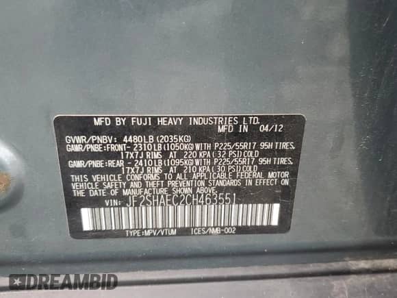 2012 Subaru Forester X Limited z VIN JF2SHAEC2CH463551, wystawiony jako Copart lot #80246665 z przebiegiem 174 209 mil mil oraz Szkoda całkowita • Salvage title. Historia ofert i sprzedaży dostępna na DreamBid. Obrazek 12.