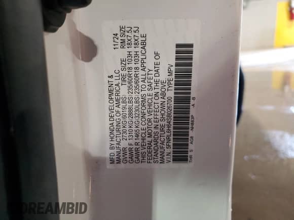 2025 Honda Odyssey EX-L z VIN 5FNRL6H64SB026700, wystawiony jako Copart lot #65071795 z przebiegiem 25 539 mil mil oraz Szkoda całkowita • Salvage title. Historia ofert i sprzedaży dostępna na DreamBid. Obrazek 14.